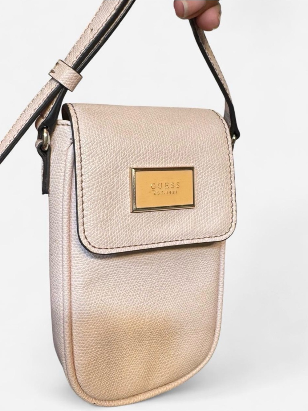 GUESS Light Beige Pebbled Crossbody Phone Pouch with Gold Logo